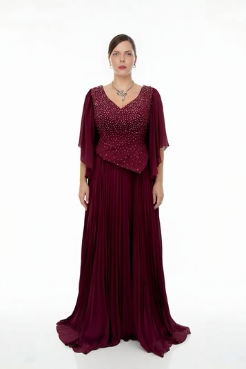Plus Size Pleated Evening Dress with Stone Embellishments